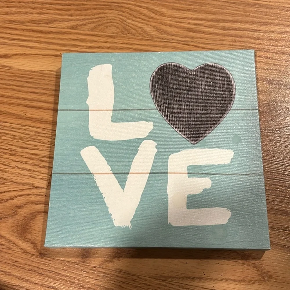 Love canvas wall decoration sign. Teal, white and black.